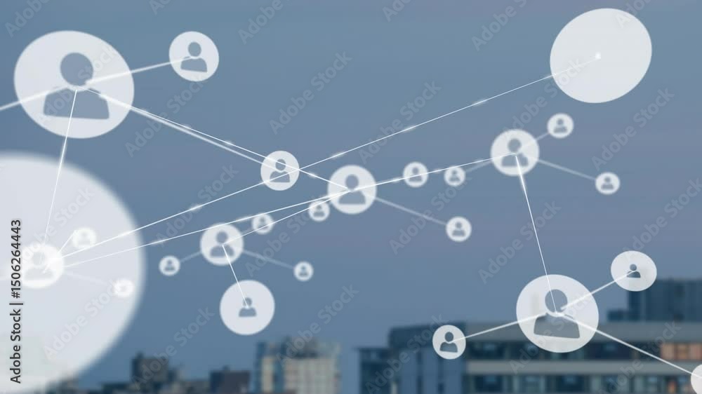 Aufkleber initial avatar icon drifting into view above city skyline initiating tech network growing nodes