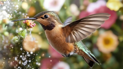 Obraz premium Rufous Hummingbird in Flight Among Flowers