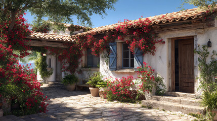Fototapeta premium Charming rustic house surrounded by vibrant flowers in bright sunlight