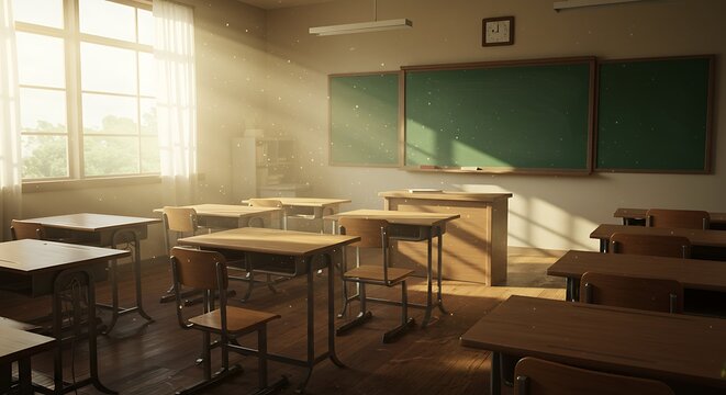 Empty Classroom with Sunlight Streaming Through the Windows