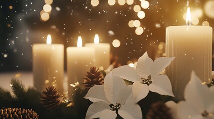 Elegant Candlelit Christmas Arrangement with Poinsettias and Soft Bokeh