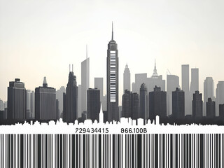 Fototapeta premium Cityscape Silhouette with Barcode Overlay Urban Architecture