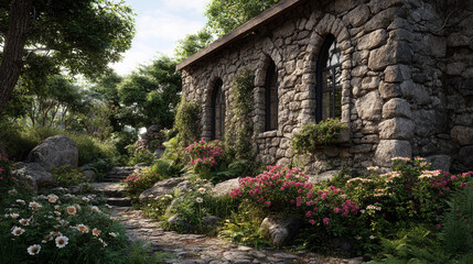 Charming stone building surrounded by colorful flowers in nature