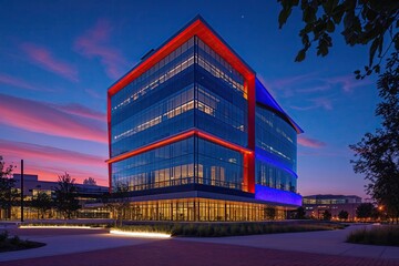 Obraz premium Innovative Corporate Building Showcased in Stunning Twilight Illumination and Vibrant Evening Display