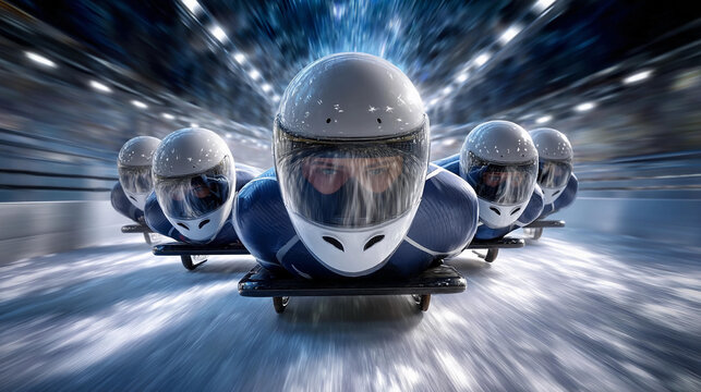 Bobsleigh team racing down the track at high speed during competition