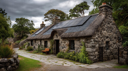 Charming stone cottage with solar panels in a tranquil landscape