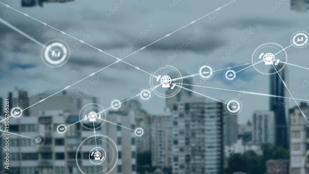Poster glowing network node emerging over cityscape starting lines forming web with data analytics icons