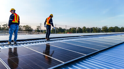 Two workers in safety gear installing solar panels on a rooftop, highlighting renewable energy, sustainability, and the integration of skilled labor in setting up efficient solar power systems.
