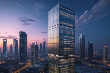 Naklejka premium Futuristic Business Skyscraper with Sleek Design in Urban Twilight Setting