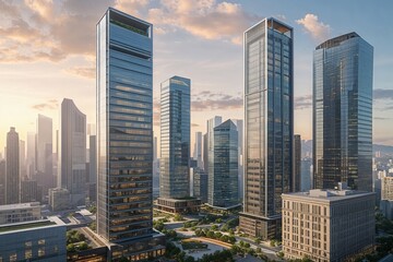 Obraz premium Innovative Architectural Design of Urban Office Towers in City Skylines