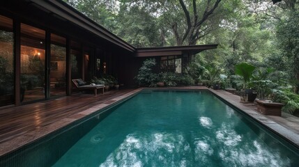 Obraz premium Serene Swimming Pool Surrounded by Lush Greenery