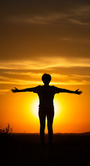 Fototapeta premium Silhouette of a Person with Open Arms Facing the Sunset