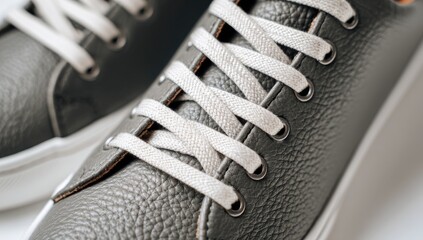 Close-up view of grey leather sneakers with white laces