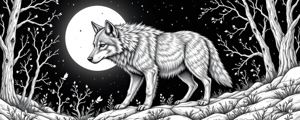 Fototapeta premium A lone wolf walks through a snowy forest at night, illuminated by a full moon and surrounded by bare trees and stars.