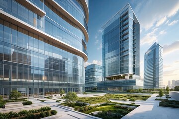 Obraz premium Modern Urban Landscape Featuring Sleek Architecture Clear Glass Office Towers and Functional Workspace Design