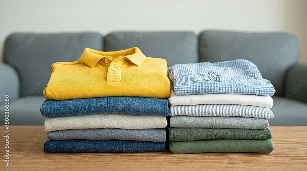 Poster stacks of neatly folded clothes on a table.