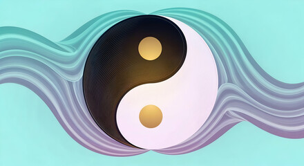 Yin Yang symbol with golden dots surrounded by flowing waves  