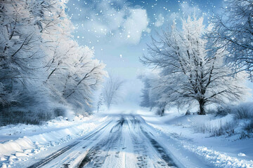 a snowy road with trees and snow on the ground