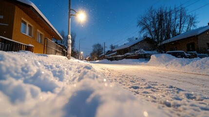 Fototapeta premium Snowy Street at Dusk: A Peaceful Winter Scene