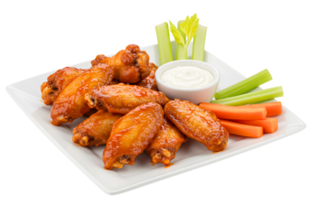 Delicious buffalo chicken wings with celery and ranch isolated on transparent background