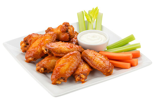 Delicious buffalo chicken wings with celery and ranch isolated on transparent background