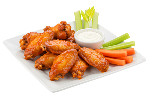 Delicious buffalo chicken wings with celery and ranch isolated on transparent background