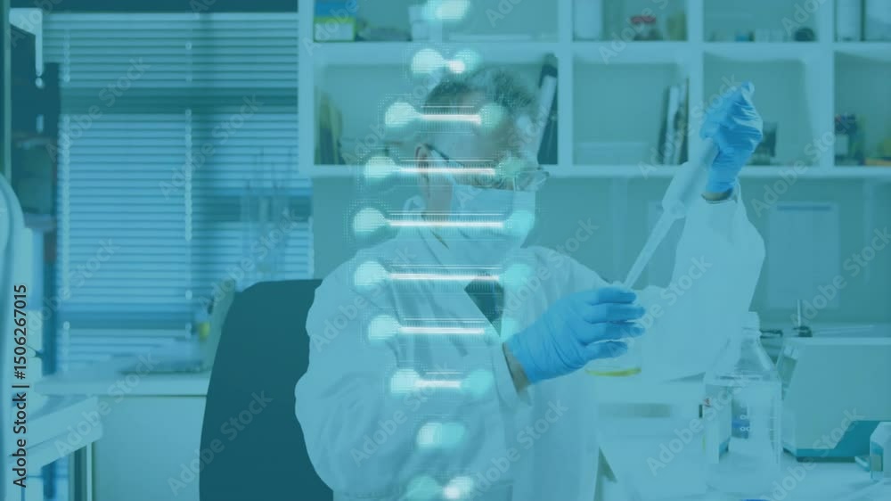 Poster senior scientist checking mask before pipetting sample for genetic testing with helix shifting