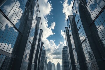 Futuristic Urban Landscape with High Rise Building Featuring Dark Steel Windows Reflecting Clouds