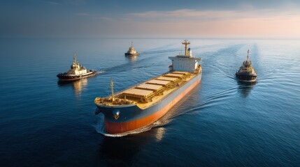 Tugboats assisting cargo ship in open waters maritime scene aerial view tranquil ocean environment