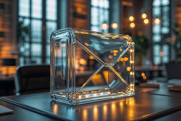 Close-Up View of Stylish Office Interior Featuring Glass Envelopes and Ambient Lighting Design