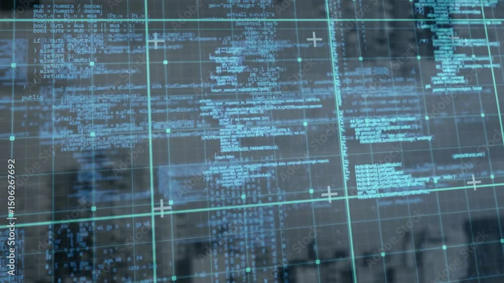 Aufkleber initializing cyber monitoring interface with neon grid, streaming code streams and pulsing nodes