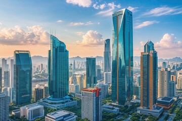 Fototapeta premium Dynamic City Skyline with Contemporary Skyscrapers and Lifestyle Buildings in a Thriving Urban Environment