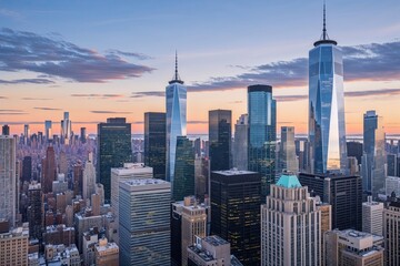 Corporate Office Exterior in Manhattan Financial District Featuring Urban Skyscrapers and Vibrant City Skyline