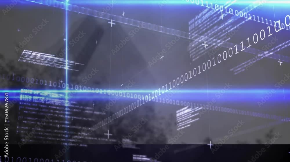Aufkleber binary digits and code panels drifting in blue line, beam rising extending grid visualizing network