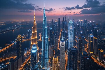 Fototapeta premium Aerial View of Shimmering Reflective Skyscrapers in Urban Landscape Against Vibrant Night Skyline