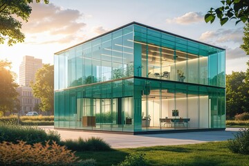 Obraz premium Eco-Friendly Glass Office Building Nestled in Lush Urban Landscape Bathed in Morning Sunlight