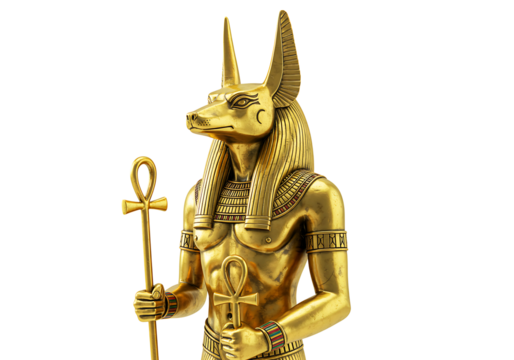 Golden anubis statue isolated on transparent background