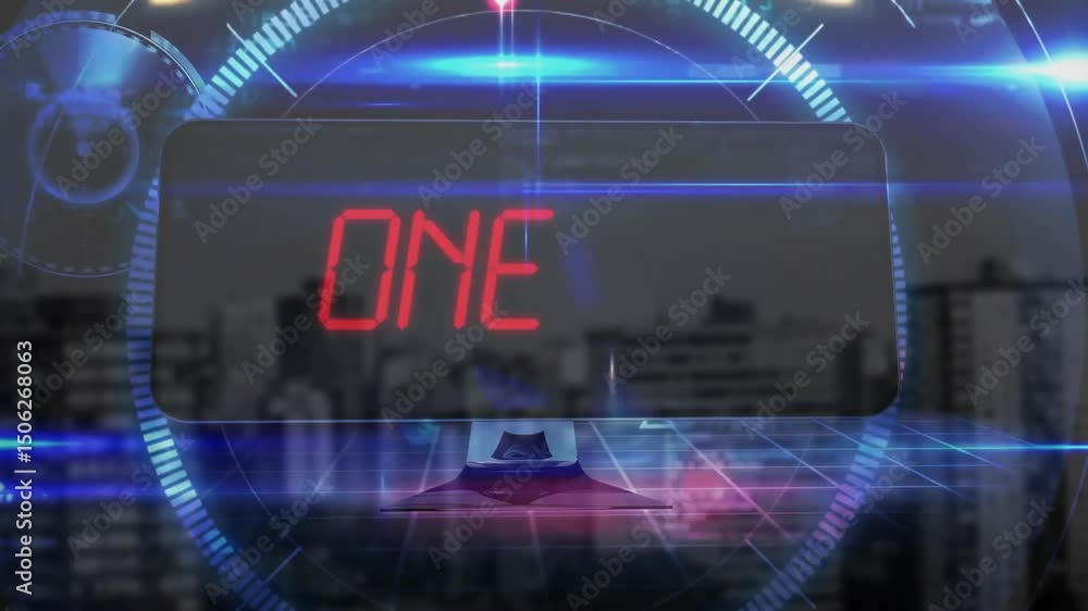 Poster floating panel initiating countdown while tech hud graphics and neon grid pulsing toward 2015