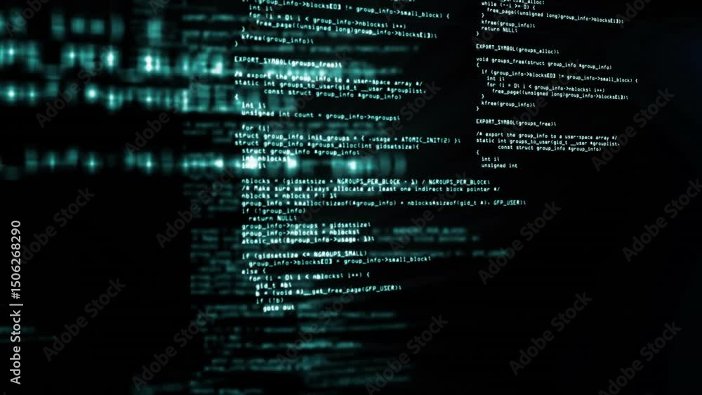 Aufkleber turquoise code streaks drifting on black interface, sliding teal text blocks sharpening into panel