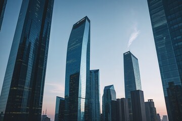 Naklejka premium Glass Tower Silhouettes Showcasing Urban Architectural Beauty in a Cosmopolitan Cityscape