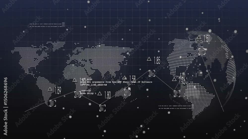 Fototapete Particles initiating dotted map updating metrics showing code while globe rotating showing data