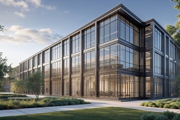 Fototapeta premium Modern Office Designs with Expansive Windows and Distinctive Facades