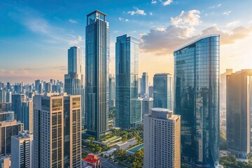 Fototapeta premium Modern Urban Skyscrapers and Innovative Office Buildings in a City Skyline View