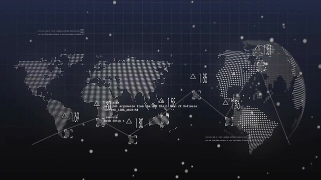 Particles initiating dotted map updating metrics showing code while globe rotating showing data