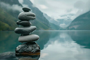 a stack of rocks sitting on top of a lake