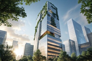 Fototapeta premium Modern Office Skyscraper Surrounded by Greenery and Abundant Natural Light in Vibrant Urban Setting