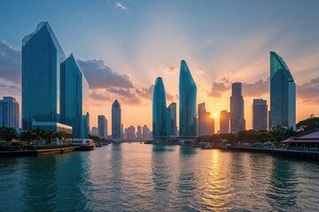 Fototapeta premium Calm Sunrise Above Stunning Skyline and Modern Glass Building by Canal in Southeast Asia