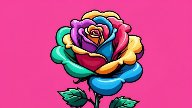 Colorful Cartoon Rose Blooming on Bright Pink Background