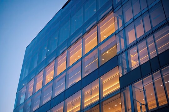 Detailed Perspective of a Modern Corporate Building's Glass Facade Highlighting a Cozy Interior Illumination