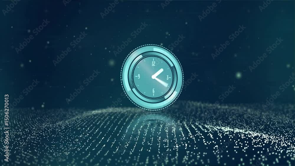 Poster ring segments rotating into view, clock face forming, hands moving, grid undulating marking time